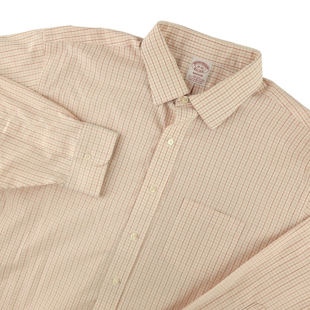 Brooks Brothers Dress Shirt Mens 18 34/35 Pink Check Madison Non Iron Supima